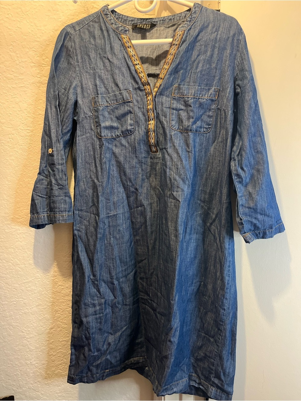 Spense Blue Chambray Tunic Dress with Embroidered V-Neck